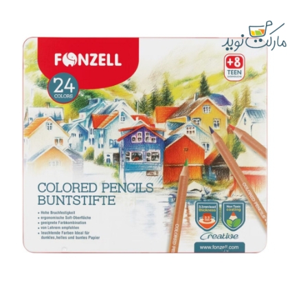 مداد رنگی 24 عددی Fonzell مدل خانه ها جعبه فلزی